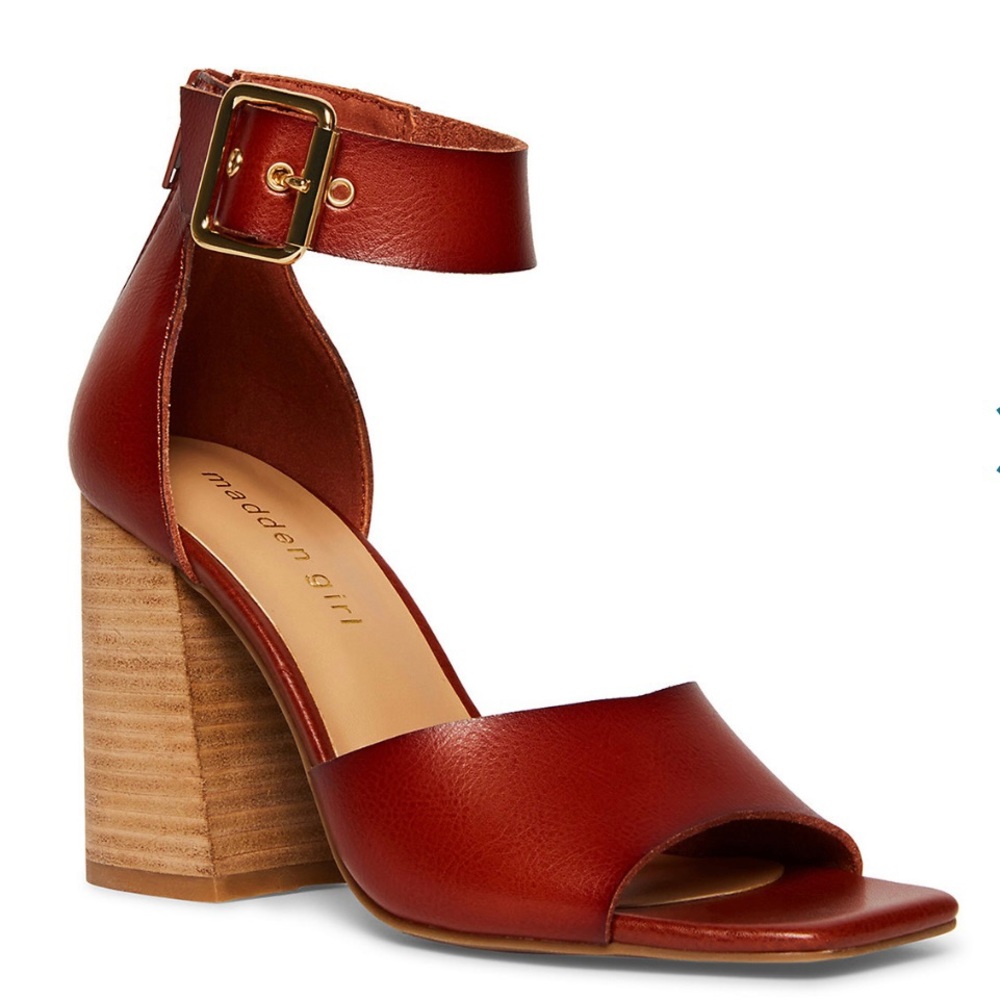 Madden Girl Reveal Reveall Heeled Sandals Red Brown Gold Buckle Prom Size 5